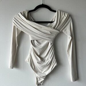 White Abercrombie & Fitch Long-Sleeve Ruched Wrap Bodysuit
